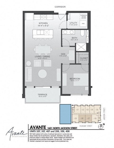 Floor plan for 1 bed, 1 bath, 824 sqft